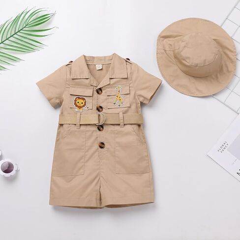 Baby Safari Outfit Wild One Birthday Outfit Girl Short Sleeve Safari Jumpsuit with Hat Toddler Zoo Keeper Costume in Saudi Arabia