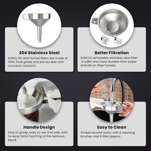 مجموعة قمع الراتنج للطابعة ثلاثية الأبعاد SUNLU، عبوتين 304 قمع من الفولاذ المقاوم للصدأ ثلاثي الأبعاد + 4 عبوات مرشحات مصفاة، قمع ملحقات الطابعة ثلاثية الأبعاد للراتنج ثلاثي الأبعاد، كوب فلتر الراتنج لراتينج SLA/DLP/LCD/UV، قوي ومتين in Kuwait