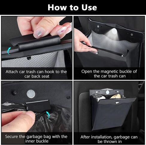 XTKS Car Trash Can - Car Trash Bin with Smart LED Light - Hanging Car Garbage Can Magnetic Closure and Waterproof PU Leather Car Trash Bag for The Back Seat - Keep Your Car Clean and Organized,Black in Saudi Arabia