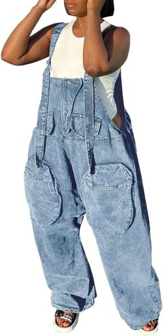 بدلة قفز نسائية من قماش الدنيم من HTD فضفاضة وواسعة الساق مع جيوب واسعة in Kuwait