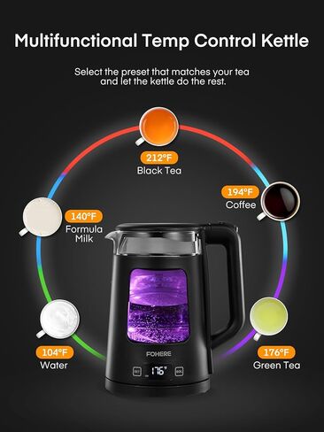 غلاية كهربائية، غلاية شاي زجاجية سعة 1.7 لتر، مع خاصية الحفاظ على الدفء، 5 تحكم في درجة الحرارة، غليان سريع 1500 وات، إيقاف تلقائي وحماية من الغليان الجاف، مع 5 أضواء ملونة، خالية من مادة BPA، باللون الأسود in Kuwait