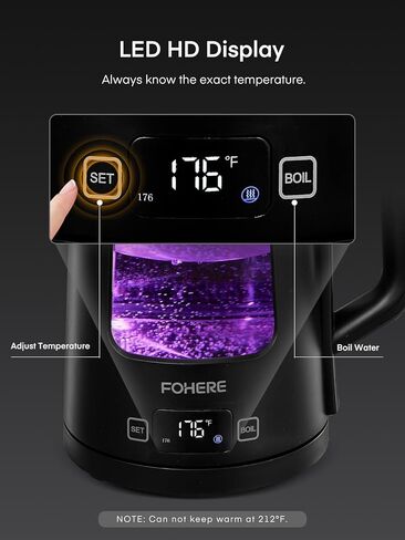 غلاية كهربائية، غلاية شاي زجاجية سعة 1.7 لتر، مع خاصية الحفاظ على الدفء، 5 تحكم في درجة الحرارة، غليان سريع 1500 وات، إيقاف تلقائي وحماية من الغليان الجاف، مع 5 أضواء ملونة، خالية من مادة BPA، باللون الأسود in Kuwait