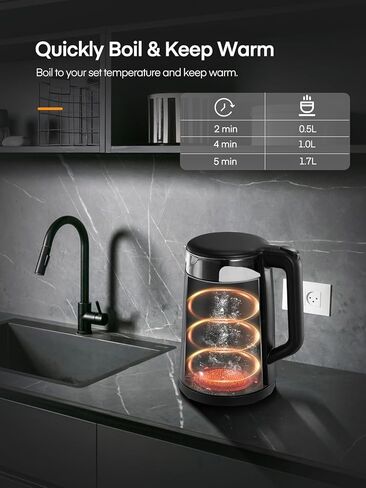 غلاية كهربائية، غلاية شاي زجاجية سعة 1.7 لتر، مع خاصية الحفاظ على الدفء، 5 تحكم في درجة الحرارة، غليان سريع 1500 وات، إيقاف تلقائي وحماية من الغليان الجاف، مع 5 أضواء ملونة، خالية من مادة BPA، باللون الأسود in Kuwait
