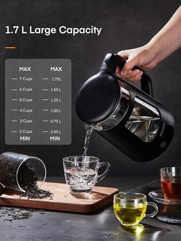 غلاية كهربائية، غلاية شاي زجاجية سعة 1.7 لتر، مع خاصية الحفاظ على الدفء، 5 تحكم في درجة الحرارة، غليان سريع 1500 وات، إيقاف تلقائي وحماية من الغليان الجاف، مع 5 أضواء ملونة، خالية من مادة BPA، باللون الأسود in Kuwait