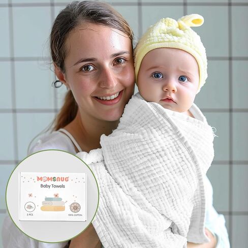 مناشف أطفال بغطاء للرأس من Momsnug، مجموعة من 3 مناشف أطفال من قطن الموسلين، منشفة حمام فائقة النعومة والامتصاص للأطفال والرضع والأطفال الصغار والأطفال، أساسية لحديثي الولادة (35 × 35 بوصة) (أخضر + رمادي + أزرق) in Kuwait