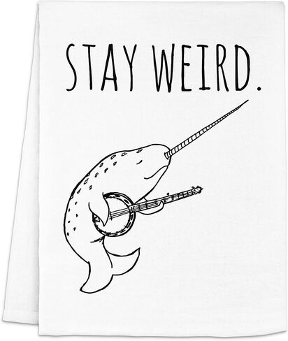 منشفة طبق مضحكة، Stay Weird (Narwhal)، منشفة مطبخ كيس الدقيق، هدية حلوة للترحيب بالمنزل الجديد، ديكور مطبخ المزرعة، أبيض أو رمادي (أبيض) in Kuwait