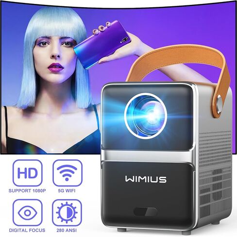【 رمي قصير وتركيز كهربائي】جهاز عرض صغير، WiMiUS 280 ANSI 5G واي فاي بلوتوث جهاز عرض محمول عالي الدقة 1080 بكسل، عرض 300 بوصة جهاز عرض فيديو ذكي خارجي لنظام iOS/Android/TV Stick/HDMI/PS5 in Kuwait