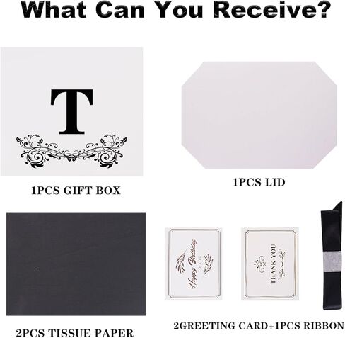 صندوق هدايا حروف Jaywayang مع غطاء وشريط ومناديل ملتوية، صندوق هدايا أبيض وأسود مقاس 8.7 بوصة للرجال والنساء وأعياد الميلاد وحفلات استقبال المولود الجديد والذكرى السنوية وحفلات الزفاف (حرف متوسط ​​J) in Kuwait
