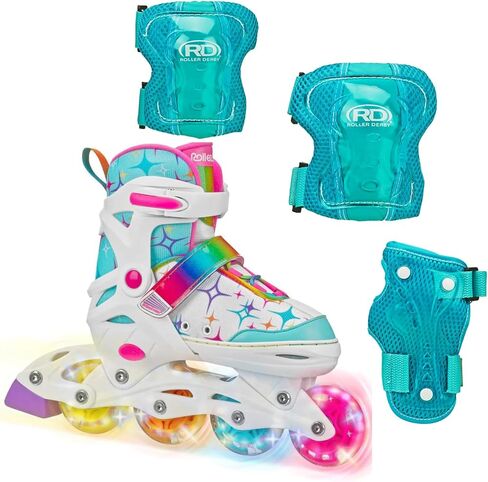 زلاجات ذات عجلات مضاءة قابلة للتعديل من Roller Derby Stryde Youth مع معدات حماية، مقاس قابل للتعديل، تتضمن معدات حماية ثلاثية in Kuwait