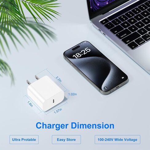شاحن iPhone 15 شحن سريع 10 أقدام، 20 واط USB C شاحن سريع لهاتف iPhone 15/15 Plus/Pro Max iPad Pro 12.9/11 بوصة، iPad Air، كتلة شاحن حائط من النوع C مع كابل شحن طويل جدًا من C إلى C (عبوتان) in Kuwait