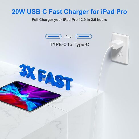 شاحن iPhone 15 شحن سريع 10 أقدام، 20 واط USB C شاحن سريع لهاتف iPhone 15/15 Plus/Pro Max iPad Pro 12.9/11 بوصة، iPad Air، كتلة شاحن حائط من النوع C مع كابل شحن طويل جدًا من C إلى C (عبوتان) in Kuwait