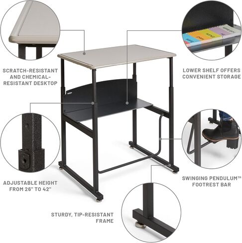 Safco AlphaBetter Stand-Up Student Desk, Features a Swinging Pendulum Footrest Bar & a 28" W x 20" D Durable Desktop, Adjustable Height, Gray in Saudi Arabia