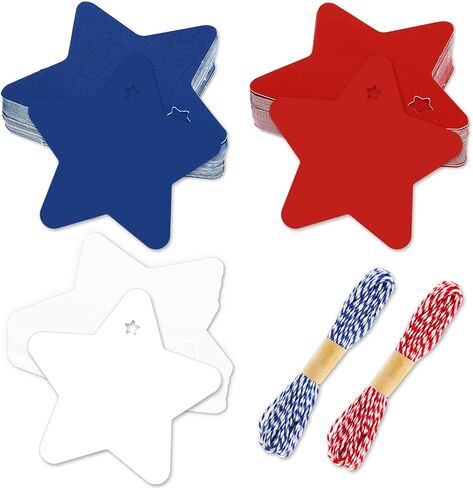 Whaline 120Pcs Star Gift Tags Patriotic Paper Tags Red Blue White Star Hanging Labels 4th of July Wishes Labels with 2 Rolls String for Independence Day Birthday DIY Gift Party Favor Decor in Saudi Arabia