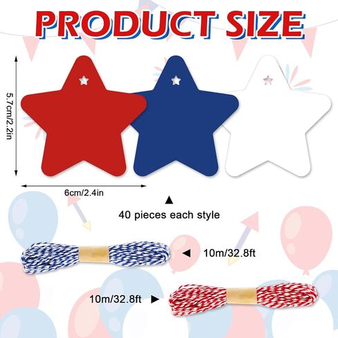 Whaline 120Pcs Star Gift Tags Patriotic Paper Tags Red Blue White Star Hanging Labels 4th of July Wishes Labels with 2 Rolls String for Independence Day Birthday DIY Gift Party Favor Decor in Saudi Arabia
