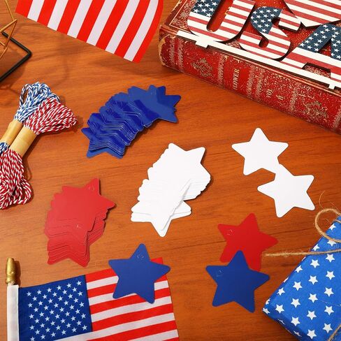 Whaline 120Pcs Star Gift Tags Patriotic Paper Tags Red Blue White Star Hanging Labels 4th of July Wishes Labels with 2 Rolls String for Independence Day Birthday DIY Gift Party Favor Decor in Saudi Arabia
