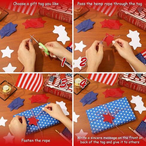 Whaline 120Pcs Star Gift Tags Patriotic Paper Tags Red Blue White Star Hanging Labels 4th of July Wishes Labels with 2 Rolls String for Independence Day Birthday DIY Gift Party Favor Decor in Saudi Arabia