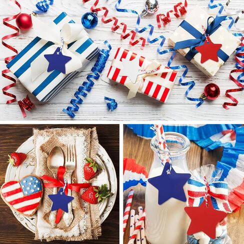 Whaline 120Pcs Star Gift Tags Patriotic Paper Tags Red Blue White Star Hanging Labels 4th of July Wishes Labels with 2 Rolls String for Independence Day Birthday DIY Gift Party Favor Decor in Saudi Arabia
