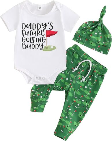 Baby Boy Girl Summer Clothes Daddy's Future Golfing Buddy Short Sleeve Romper Long Pants Hat Newborn Golf Outfits in Saudi Arabia