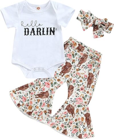 Baby Girl Outfit Infant Rib Ruffle Long Sleeve Romper Onesie Top Bell-Bottom Denim Pants Sets Cute Clothes in Saudi Arabia