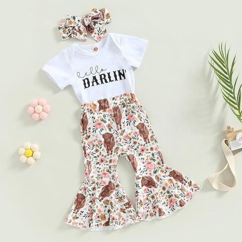 Baby Girl Outfit Infant Rib Ruffle Long Sleeve Romper Onesie Top Bell-Bottom Denim Pants Sets Cute Clothes in Saudi Arabia