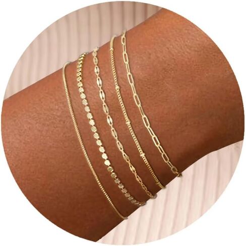 5 قطع من أساور سلسلة ذهبية للنساء، سوار شفاه أنيق مطلي بالذهب عيار 14 قيراط قابل للتعديل، مجموعة أساور رفيعة قابلة للتكديس للفتيات المراهقات in Kuwait