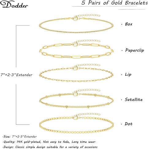 5 قطع من أساور سلسلة ذهبية للنساء، سوار شفاه أنيق مطلي بالذهب عيار 14 قيراط قابل للتعديل، مجموعة أساور رفيعة قابلة للتكديس للفتيات المراهقات in Kuwait