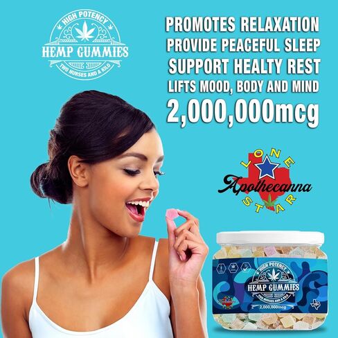 Lone Star Hemp Gummies (80 قطعة) - رائعة للسلام والاسترخاء - 2,000,000 ميكروجرام - غير معدلة وراثيًا - راحة لذيذة - صنع في الولايات المتحدة الأمريكية - علكات مريحة in Kuwait