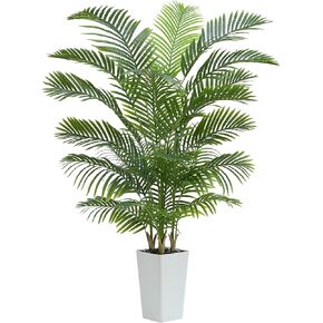 Artificial Palm Tree：5FT Tropical Fake Silk Plant UV Resistant Faux Areca Palm with White Planter & Black Pebbles for Home Office Living Room Decor Indoor Patio Porch Balcony (5FT,1-Pack,White) in Kuwait