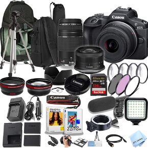 كاميرا Canon EOS R100 بدقة 24.2 ميجابكسل بمستشعر APS-C CMOS بدون مرآة مع عدسات مقاس 18-45 مم و75-300 مم + حقيبة ظهر + بطاقة ذاكرة سعة 128 جيجابايت + مصباح فيديو + ميكروفون + المزيد (حزمة فيديو احترافية) (متجددة) in Kuwait