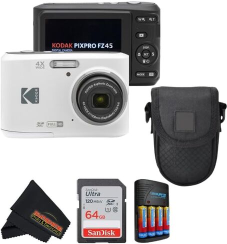 كاميرا رقمية KODAK PIXPRO FZ45 بمستشعر CMOS بدقة 16 ميجابكسل وتكبير بصري 5X مع قطعة قماش للتنظيف من الألياف الدقيقة للصور بأشعة الشمس (حزمة متقدمة، أبيض) in Kuwait