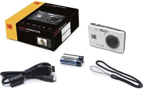 كاميرا رقمية KODAK PIXPRO FZ45 بمستشعر CMOS بدقة 16 ميجابكسل وتكبير بصري 5X مع قطعة قماش للتنظيف من الألياف الدقيقة للصور بأشعة الشمس (حزمة متقدمة، أبيض) in Kuwait