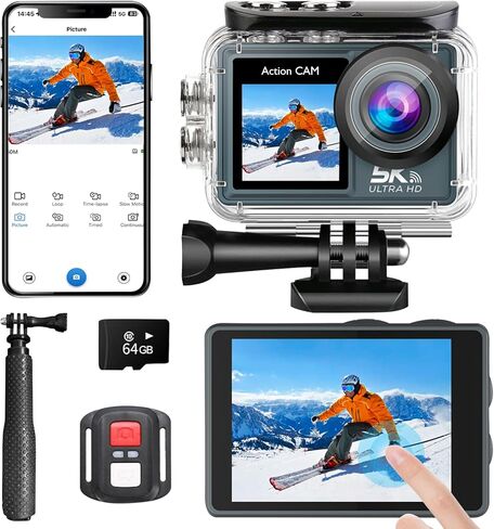 كاميرا الحركة 5K 30FPS 20MP كاميرا مقاومة للماء 100 قدم تحت الماء EIS كاميرا رياضية مع شاشة تعمل باللمس، زاوية واسعة 170 درجة، جهاز تحكم عن بعد، واي فاي، تكبير 5X للغطس والغوص وركوب الدراجات ومدونات الفيديو in Kuwait