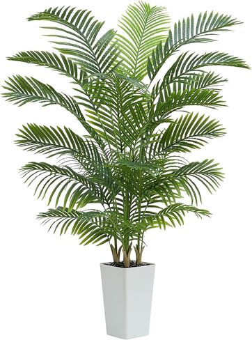 Artificial Palm Tree：5FT Tropical Fake Silk Plant UV Resistant Faux Areca Palm with White Planter & Black Pebbles for Home Office Living Room Decor Indoor Patio Porch Balcony (5FT,1-Pack,White) in Kuwait