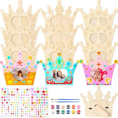 Blueweenly 12 Pcs DIY Picture Frame Painting Craft Kits for Kids Wooden Crown Princess Party Favors Paint and DIY Your Own Frame with 88 Cell Rhinestone Stickers 12 Color Paint for Girls Birthday in Kuwait