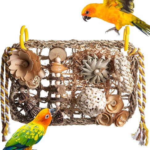Bird Foraging Wall Toy, Seagrass Woven Climbing Hammock Mat with Chewing Toys,Parrot Shredding Hanging Toys for Cockatiel Lovebird Parakeet Budgie Small-Medium Birds (Small) in Kuwait