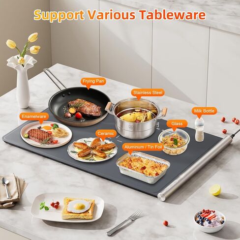 Food Warming Mat, 10s Fast Full-Surface Heating Warming Tray, Raised Feet Protect Countertop, 3 Temperature Levels, 4-Hour Timer, Portable Design for Party Buffet Home Use, Beige in Saudi Arabia