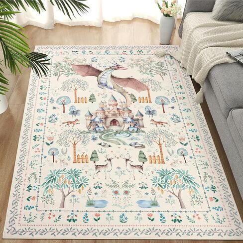 nesrt 6x9 Washable Area Rugs for Living Room Beige Non Slip, Soft Botanical Dragon Bedroom Rugs, Thin Animal Print Forest Dining Room Floor Carpets for Kids Nursey Playroom Farmhouse Home Office Decor in Saudi Arabia