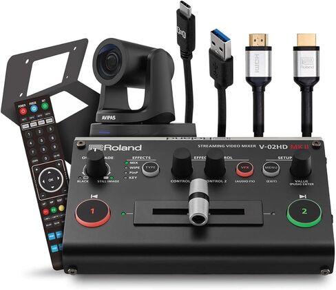حزمة كاميرا واحدة Roland PTZ مع خلاط فيديو متدفق V-02HD MK II وكاميرا AViPAS AV-2020 20x PTZ، رمادي in Saudi Arabia