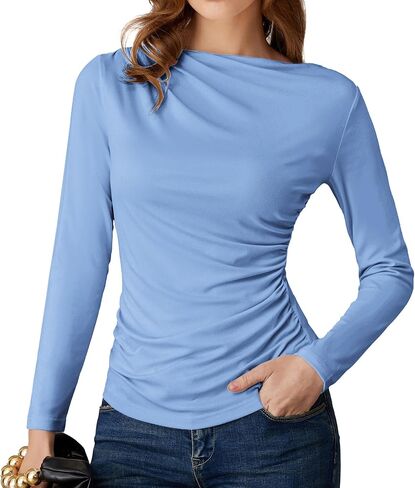 GRACE KARIN 2026 Women's Long Sleeve Wrap Blouse - Boat Neck Ruched Fitted Trendy Top for Fall Dressy Casual in Saudi Arabia