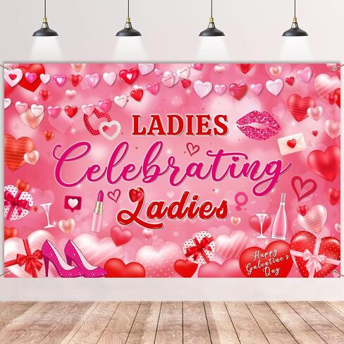 Ladies Celebrating Ladies Backdrop Banner, Galentines Day Photo Background with Lips Heels, Girls Night and Galentines Party Decorations (Happy Galentine's Day) in Kuwait