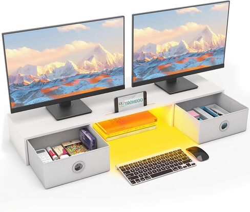 Dual Monitor Stand with LED Light 2 Drawers, Computer Monitor Riser for 2 Monitors, Large Desktop Organzier with Storage for PC/Laptop/Computer/TV Screen/Printer in Kuwait