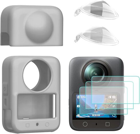 حزمة واقية متوافقة مع كاميرا DJI Osmo 360 - حافظة سيليكون مقاومة للصدمات، درع عدسة، غطاء عدسة شفاف من البولي كربونات، 3 قطع واقيات شاشة من الزجاج المقوى | تغطية كاملة (رمادي) in Kuwait