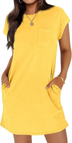 Wenrine Women's Summer T Shirt Dress Casual Short Sleeve Crewneck Loose Fit Mini Dresses with Pockets in Saudi Arabia