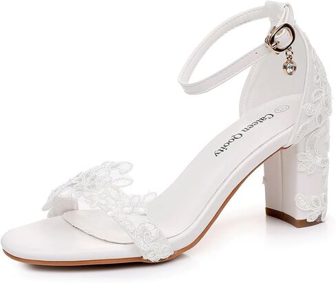 Women's Elegant White Lace Wedding Sandals, Block Heel, Ankle Strap, Crystal Accent in Saudi Arabia