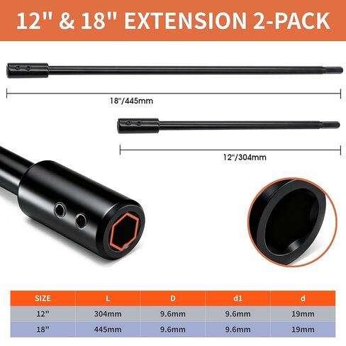 Drill Bit Extension Set, 18'' & 12'' Extension Bit Set for 3/8" Hex Shank, Forstner Bit Extension for 10.5" & 16.25" Drilling Depth, Hole Saw Extension with Hex Key for Cabinetry, Furniture Making in Kuwait