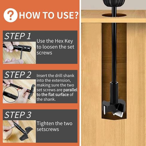 Drill Bit Extension Set, 18'' & 12'' Extension Bit Set for 3/8" Hex Shank, Forstner Bit Extension for 10.5" & 16.25" Drilling Depth, Hole Saw Extension with Hex Key for Cabinetry, Furniture Making in Kuwait