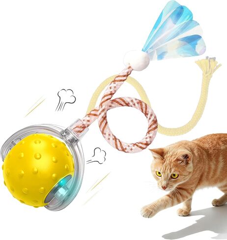 لعبة Cat Interactive - كرة تدحرجت الحركة مع مصابيح LED و 3 أوضاع لعب وذيلتين مختلفتين - أفضل لعبة للقطط والقطط الداخلية للبقاء نشطًا وتحفيز غريزة الصيد (أصفر) in Saudi Arabia