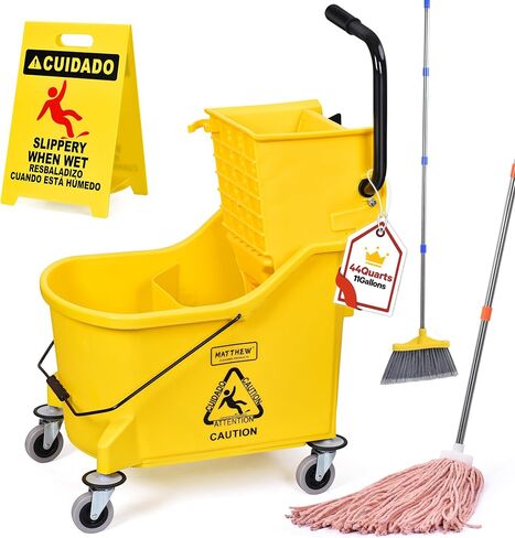 Matthew Cleaning 22 Quart Compact Mop Bucket INCL.2 Pack Mop Head with Side Press Wringer On Wheels,Tandem Portable Floor Cleaning Wavebrake,Ideal for Household,Industrial,Restaurant,Janitorial Use in Kuwait