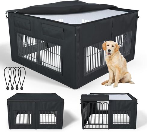 Dog Playpen Cover Reinforced with Waterproof Sunshade Curtain | 1680D Waterproof Oxford Cloth & Nylon Mesh | UV-Resistant, Waterproof, Breathable | Fits 32" H 8 Panels Dog Playpen Only | Black in Kuwait