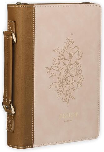 Christian Art Gifts Premium Vegan Leather Inspirational Bible Cover for Women: Trust in The Lord Encouraging Bible Verse, Easy Carry Zippered Case, Pen Loops, Pockets, Pink & Brown, Large in Saudi Arabia